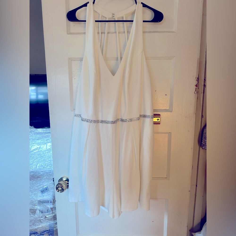 DAVIDS BRIDAL PLUS SIZE WHITE ROMPER WITH EMBELLISHED STRAPS